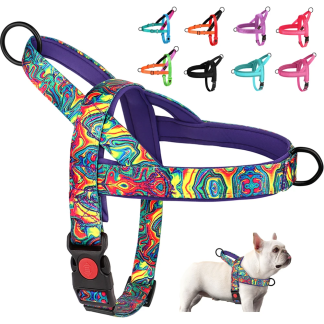 Padded dog harnesses in solid and patterned designs