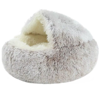Grey hooded plush pet bed