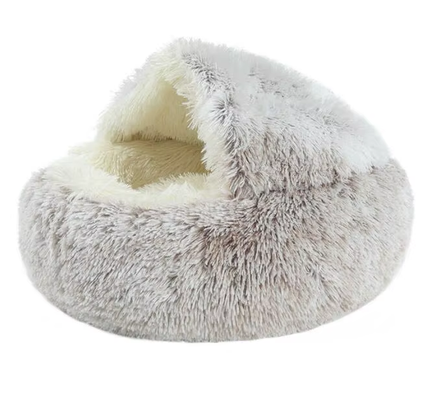Grey hooded plush pet bed
