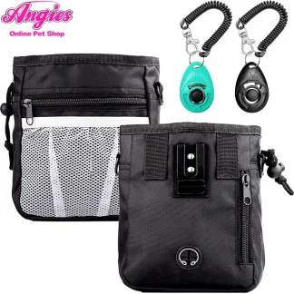 Black dog treat pouch with two training clickers