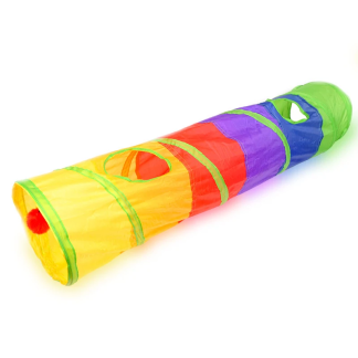 Long rainbow-colored cat play tunnel with peek holes