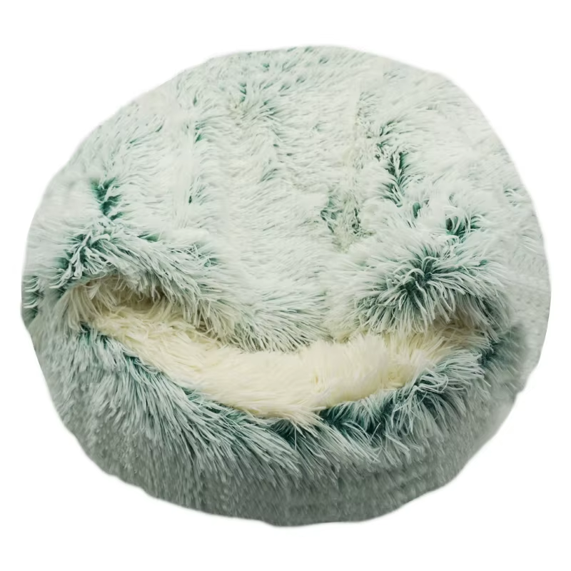 Green long-plush hooded bed