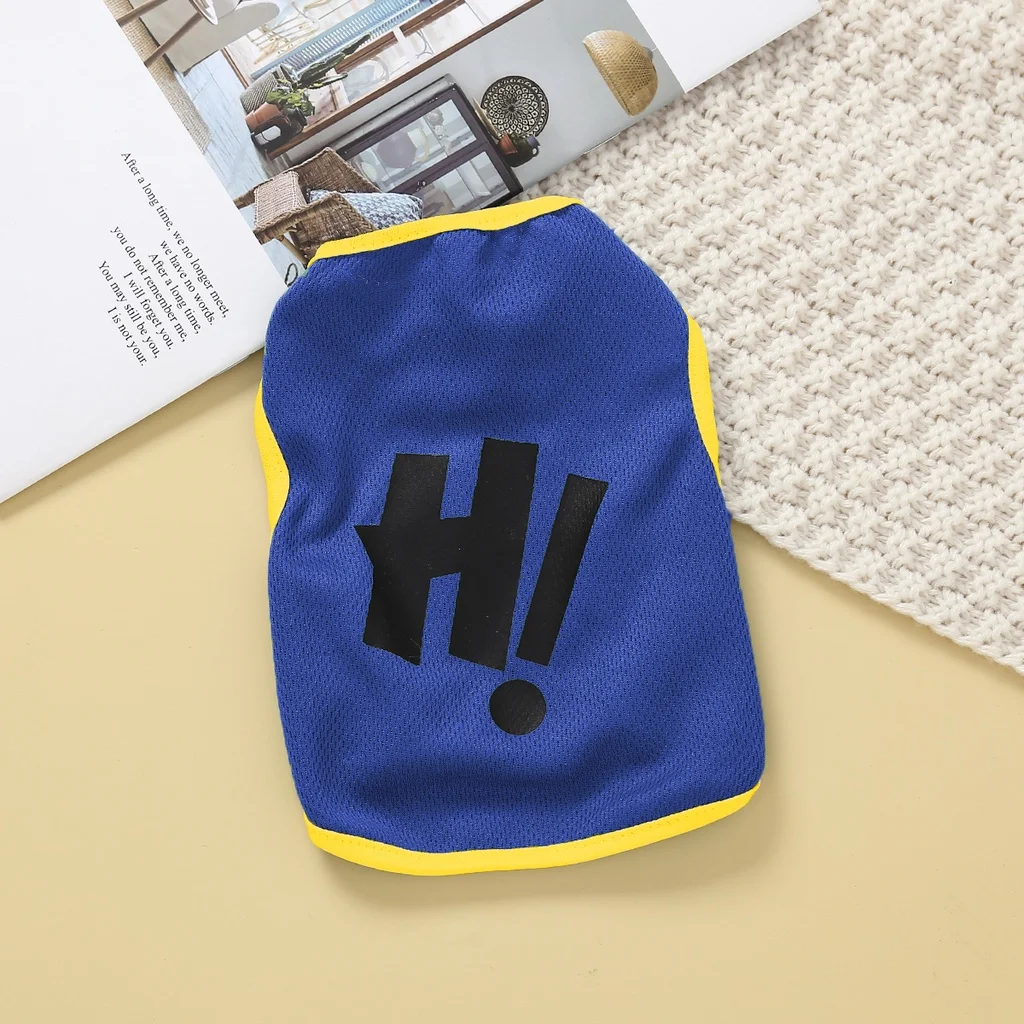 Blue pet tank top with Hi print and yellow trim