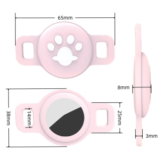 Pink silicone AirTag holder with collar loops and dimensions
